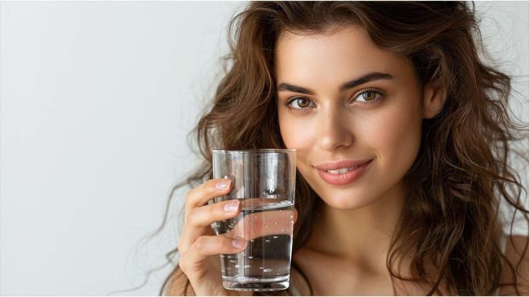 half top body portrait of a woman drinking water with a glass, white background