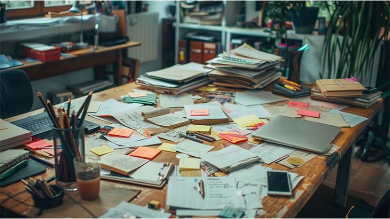 Office table full of notes, papers, carpets, post it, pencils, business