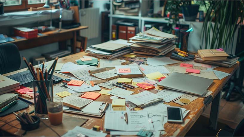 Office table full of notes, papers, carpets, post it, pencils, business