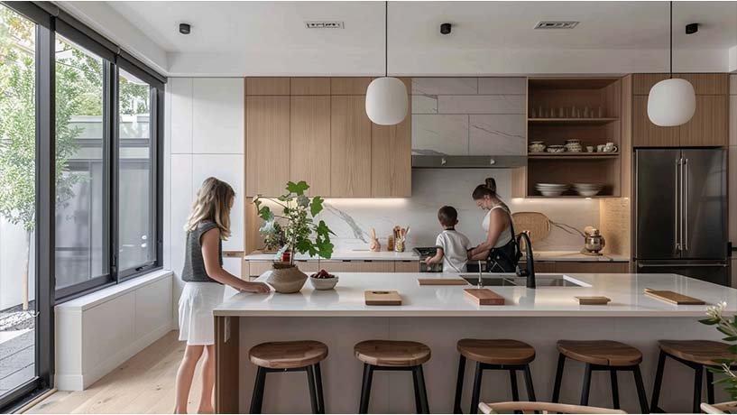 mom and two kids in modern kitchen