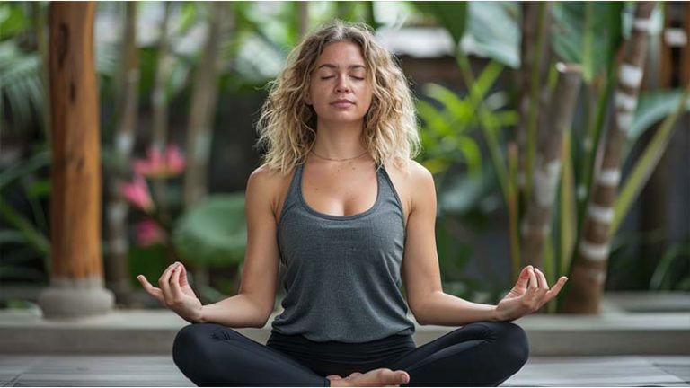 women sitting out side in meditative yoga pose