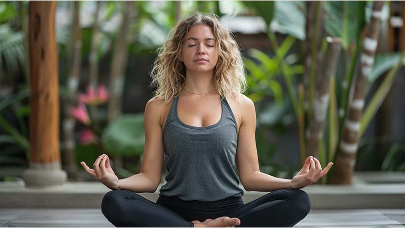 women sitting out side in meditative yoga pose