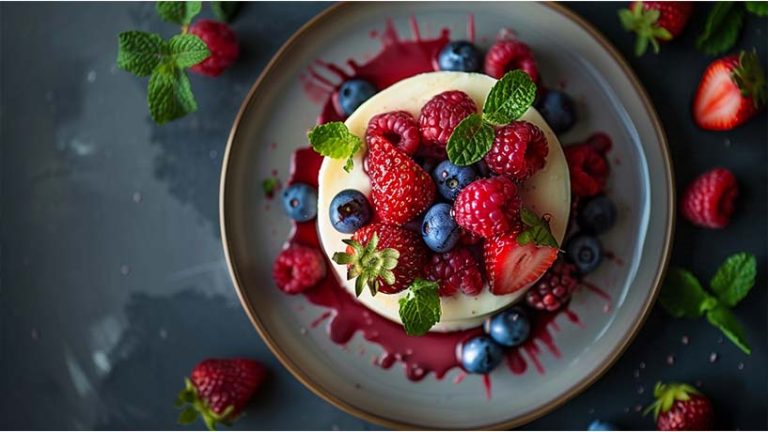plant on table of pancakes with fruit on top
