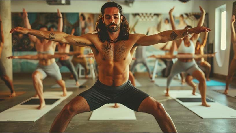 man that looks like Brian Kest leading a yoga class