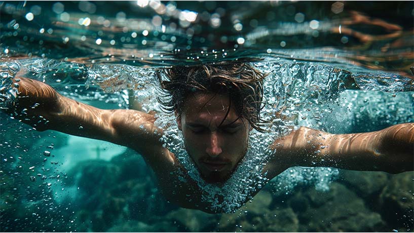 man in flow state, focused swimming under water