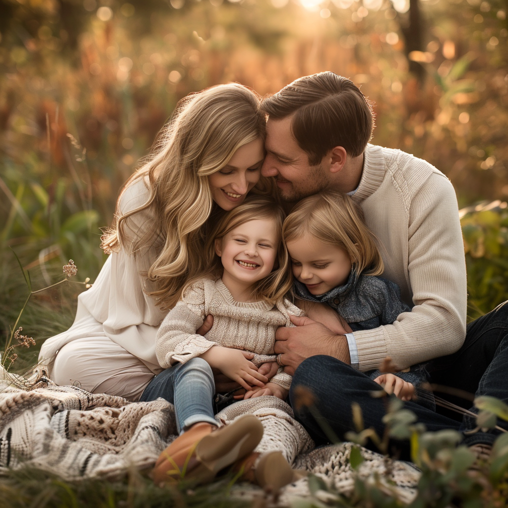 mom and day snuggling with two kids, outside photoshoot