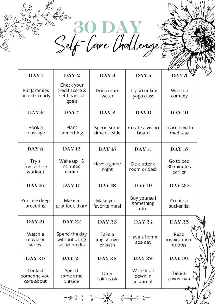 30 day self-care challenge printable
