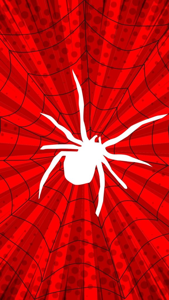 red background with black web and white spider