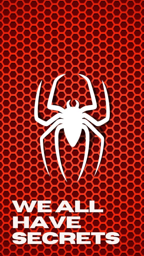 white spider over red background with text We All Have Secrets